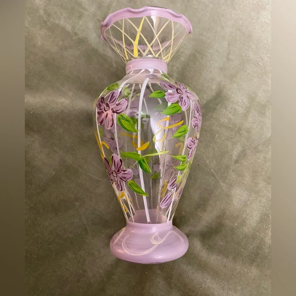 Vintage glass vase Handpainted flowers lattice UBV